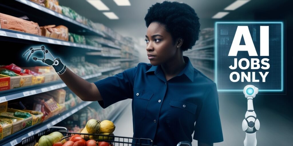 Illustration showing artificial intelligence and job roles, with icons of robots, computers, and professionals working in AI-related fields like data science and machine learning