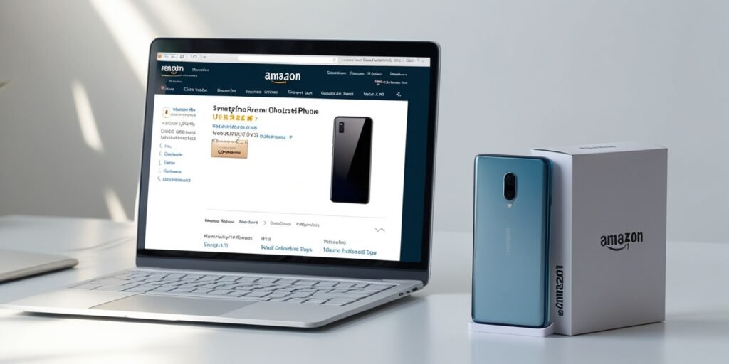 Unlocked smartphone with open SIM tray placed beside its box on a desk, with Amazon product page visible on a laptop screen in the background.
