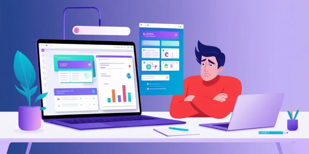 A person looking unimpressed at a laptop screen with AI tool dashboards, representing overrated AI tools in 2025.