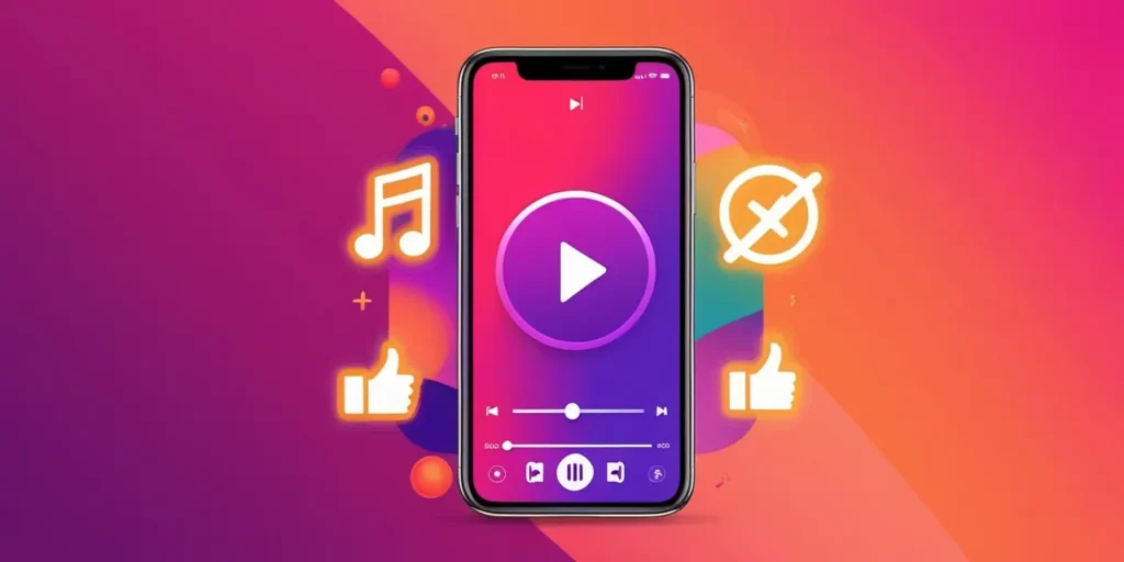 Colorful graphic with a smartphone music player on a pink-orange gradient background, surrounded by play and thumbs-up icons
