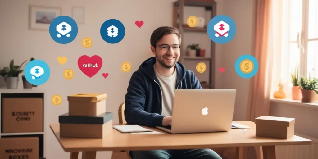 Developer at desk coding with open source logos, sponsor hearts, and coins floating around.