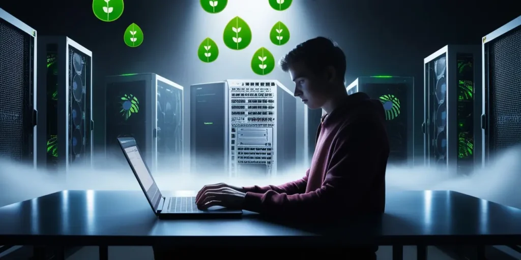 Illustration of a laptop user triggering glowing AI servers that emit green carbon footprint icons.