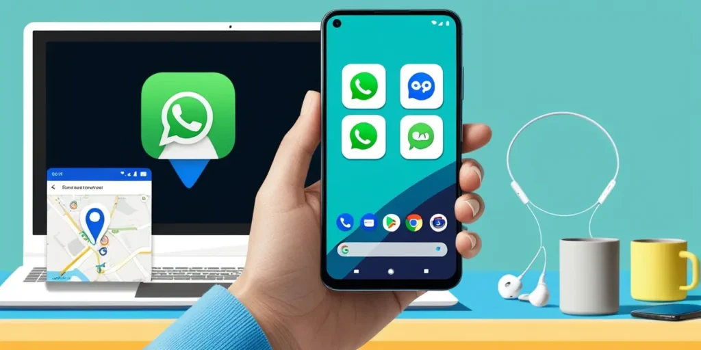 Android smartphone showing cloned WhatsApp apps and a GPS spoofing map on screen, placed on a modern desk setup — illustrating safe app cloning and spoofing tools for Android users in 2025.