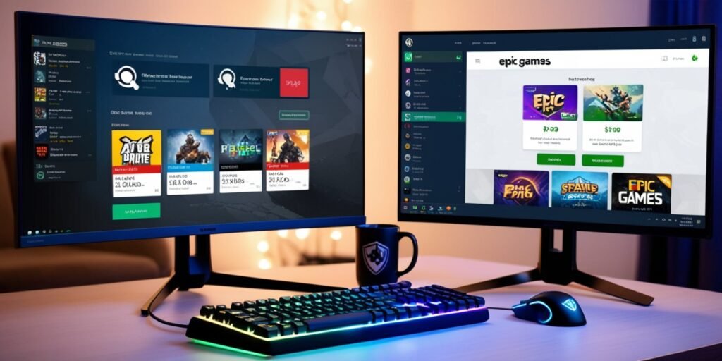 Steam vs Epic Games store interface on dual monitors in a cozy gaming setup