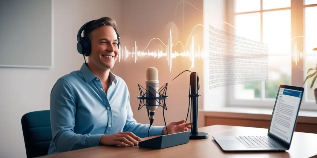 Person speaking into a microphone with a floating audio waveform transforming into text in a bright home office.