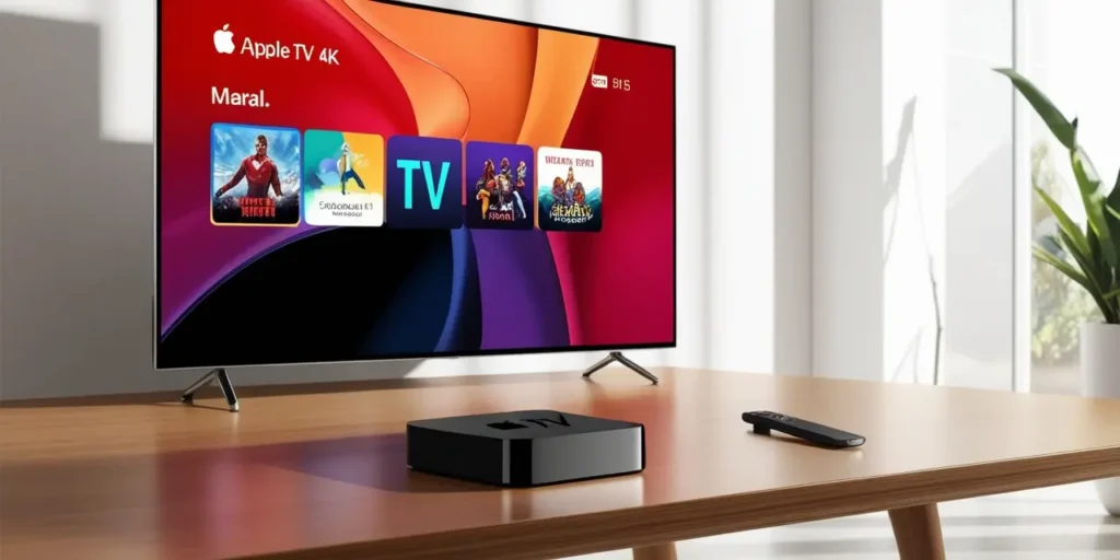 Apple TV 4K device with remote on a wooden table beside a 4K smart TV streaming vibrant content in a modern living room.