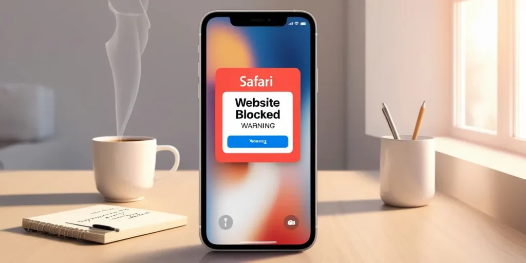 Blocked website warning shown on iPhone Safari with cozy workspace background