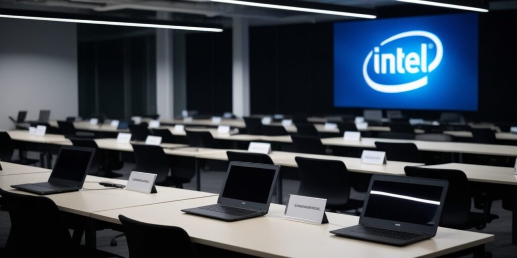 Empty tech office after layoffs with Intel, Microsoft, and Meta logos in background