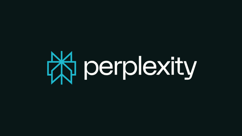 Perplexity AI logo featuring a modern geometric blue icon and the word "perplexity" in sleek, lowercase font on a dark background.