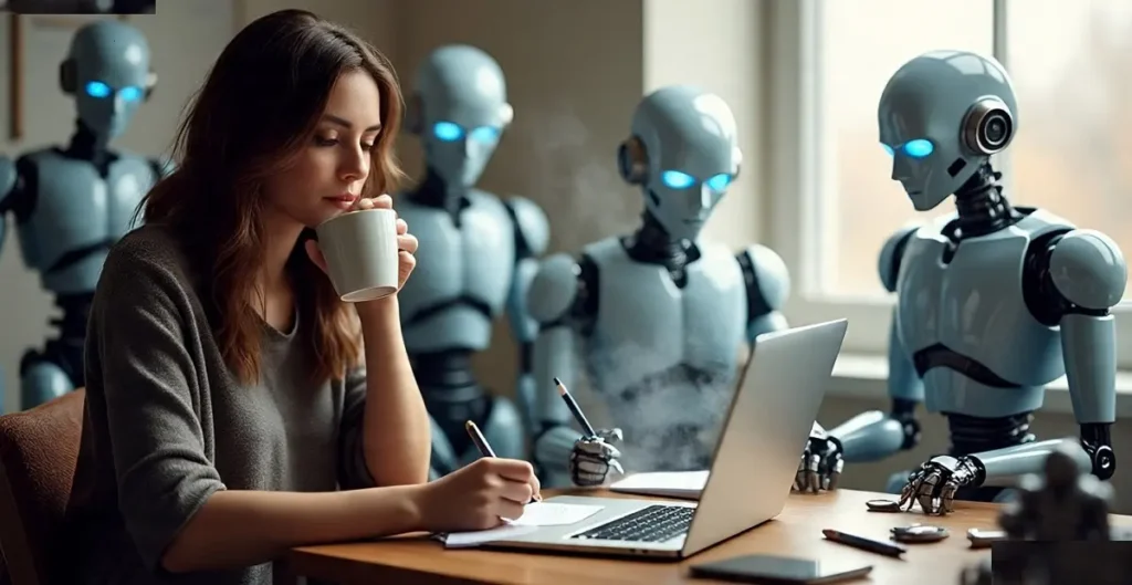Writer at a wooden desk with coffee, typing on a laptop as translucent robot figures holding pens hover in the background.