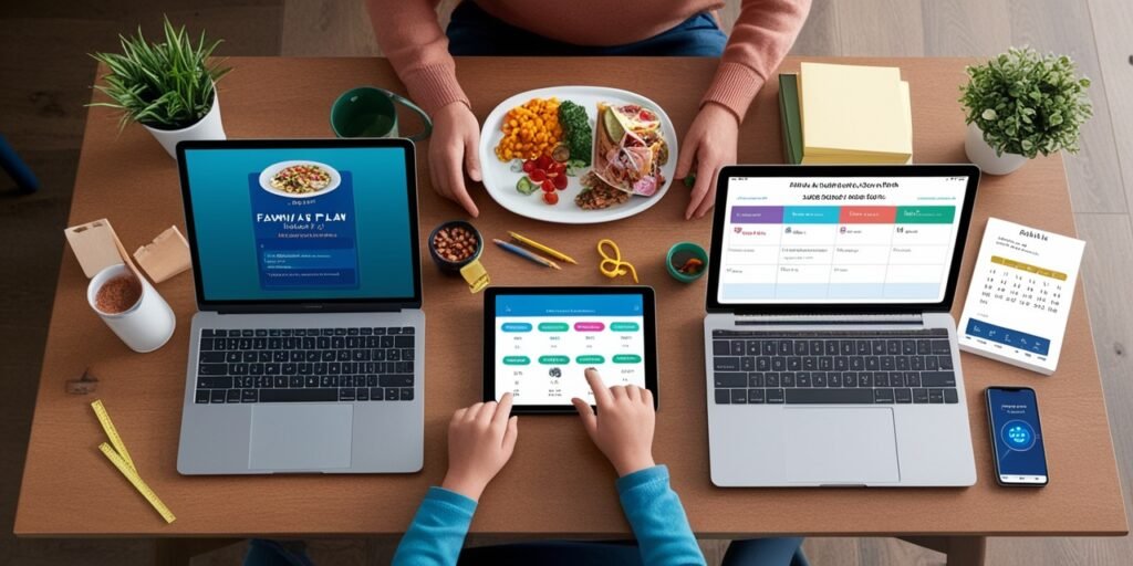 Top view of a family desk with tablet showing AI meal plans, laptop with homework tips, and phone with calendar alerts in an organized setup