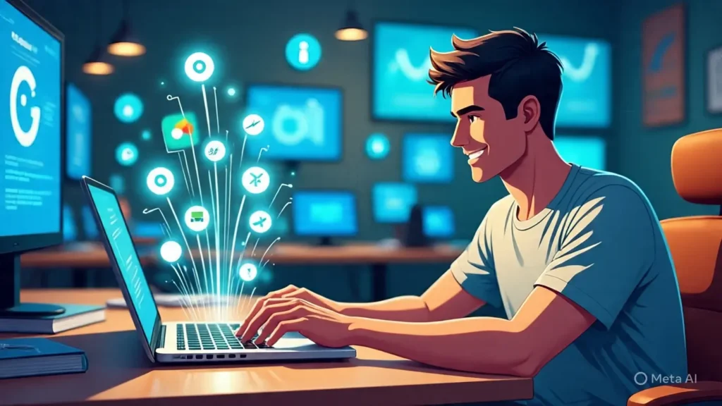 Illustration of a volunteer coder at a desk, sending streams of glowing code into logos of Google, Microsoft, Tesla, and government agencies, symbolizing open source collaboration.