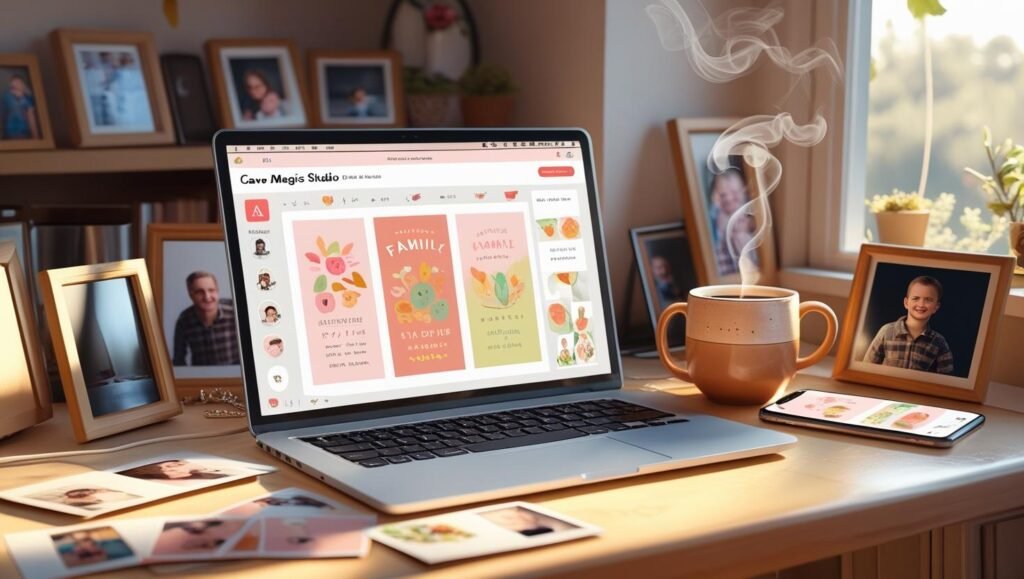 A laptop showing Canva Magic Studio with a family invitation design, surrounded by family photos, a coffee mug, and a smartphone on a cozy home desk.