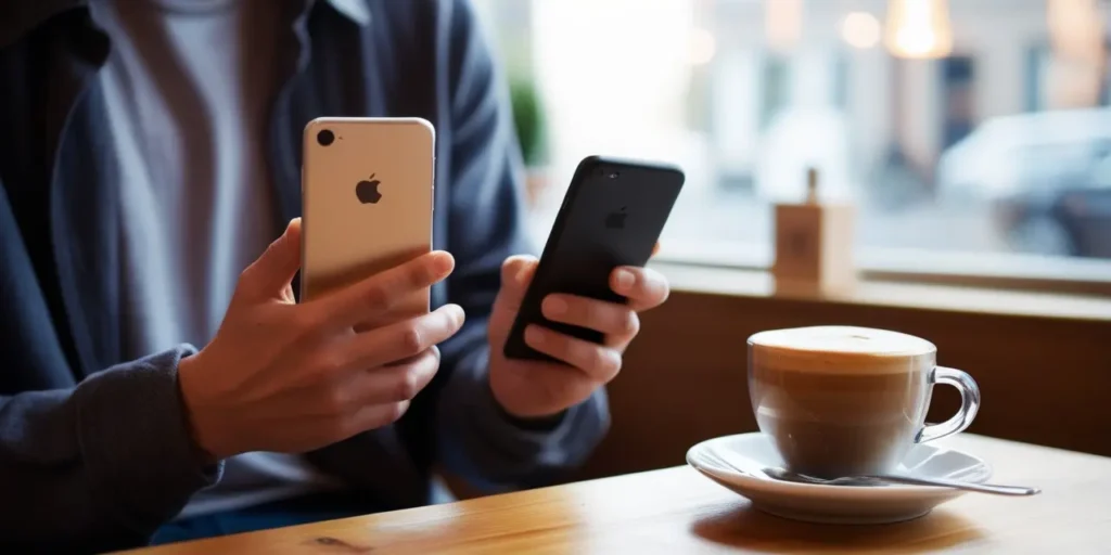 Person in a coffee shop comparing an Android phone and an iPhone at a wooden table with a latte.