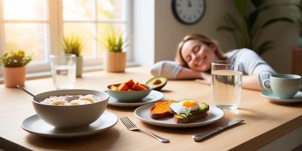 Healthy early morning breakfast with oats, sweet potatoes, and avocado toast on a wooden table, lit by soft sunrise light – promoting energy and reducing morning grogginess