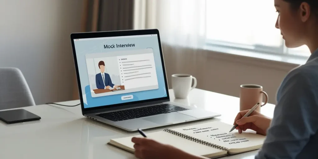 Person at home desk practicing a mock interview on laptop, with notepad, headphones, and coffee mug nearby