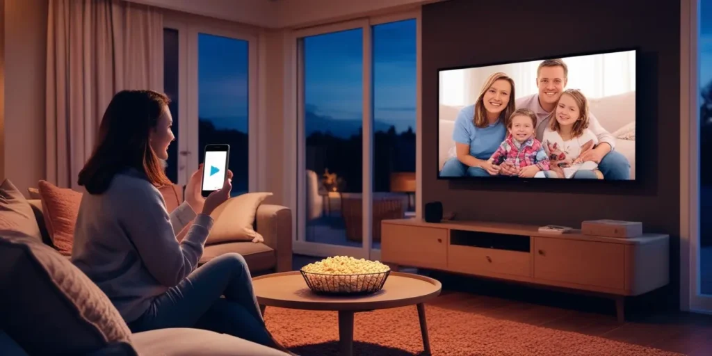 A women on a cozy sofa holding an iPhone that’s wirelessly mirroring photos to a large flat‑screen TV in a warmly lit living room.