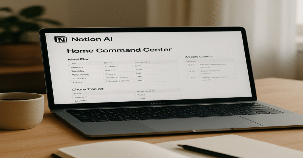 Laptop showing Notion AI Home Command Center with meal plan, chores, and calendar on screen, on a cozy desk with coffee, notebook, and natural light.