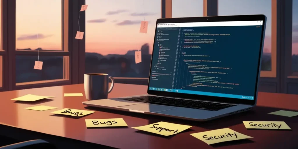 Desk with laptop showing open-source code, scattered notes reading ‘bugs,’ ‘support,’ ‘security,’ a coffee mug, and small price tags hanging from the screen.
