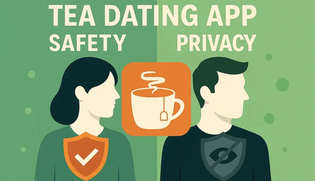 Man and woman with shields symbolizing safety and privacy, split green background, and a tea cup icon in the center representing the Tea Dating App debate.