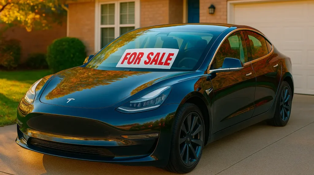 Black Tesla Model 3 parked on a driveway with a bold red 'For Sale' sign on the windshield, surrounded by a colorful suburban background during golden hour