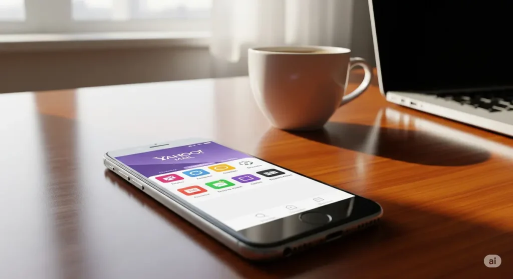 A clean, modern smartphone screen showing the Yahoo Mail app interface with its colorful inbox tabs, placed on a wooden desk next to a cup of coffee and a laptop, with soft daylight in the background