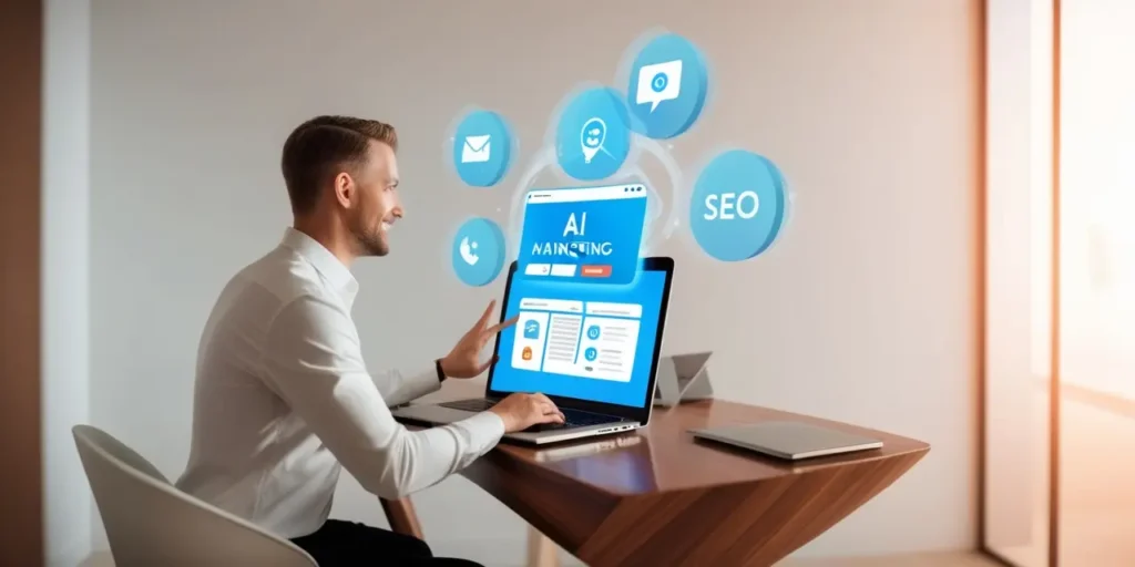 Marketer using AI dashboard on laptop with floating icons for email, social media, SEO, and analytics in a minimalist office