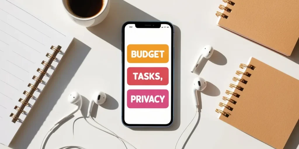 Flat-lay of a smartphone showing free budgeting, task-management, and privacy app icons, surrounded by a coffee cup, notepad, and earbuds on a white desk.