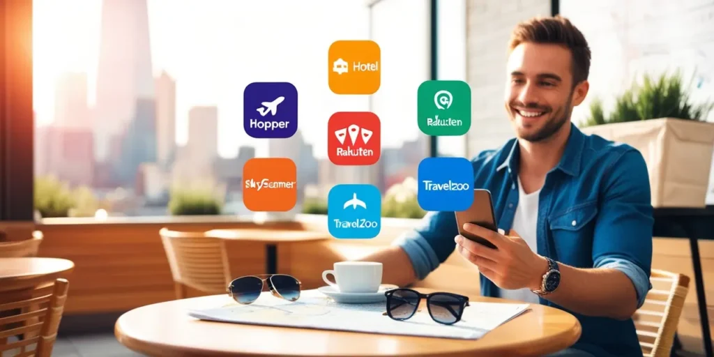 Traveler at a café table using smartphone to browse top USA travel apps with a paper map and coffee nearby.