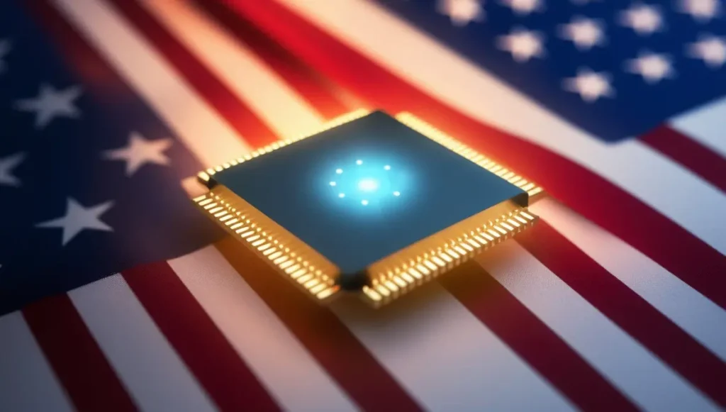 Computer microchip on U.S. flag background symbolizing trade tariff